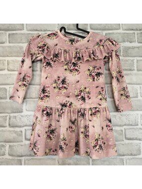 MonnaLisa Girls Size 4 Pink Velvet Long Sleeve Drop Waist Dress Easter Floral